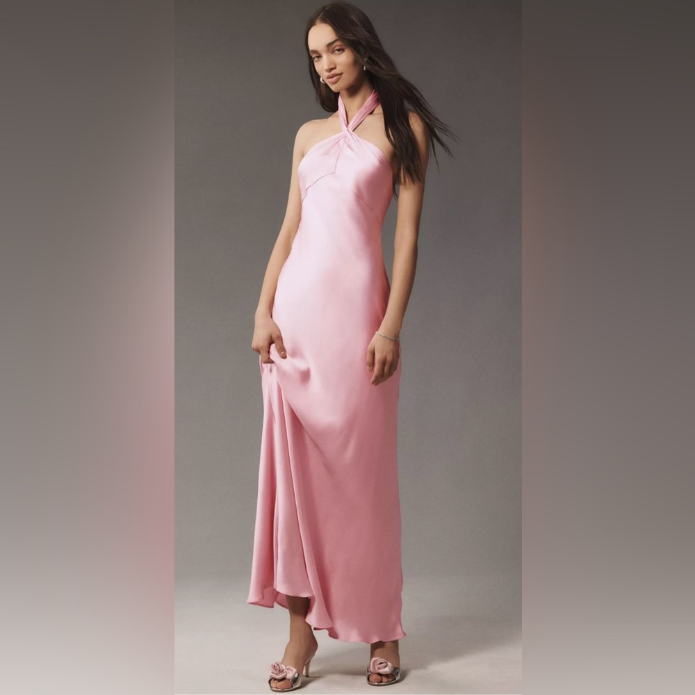BHLDN Selma Halter-Neck High-Shine Satin Maxi Dress